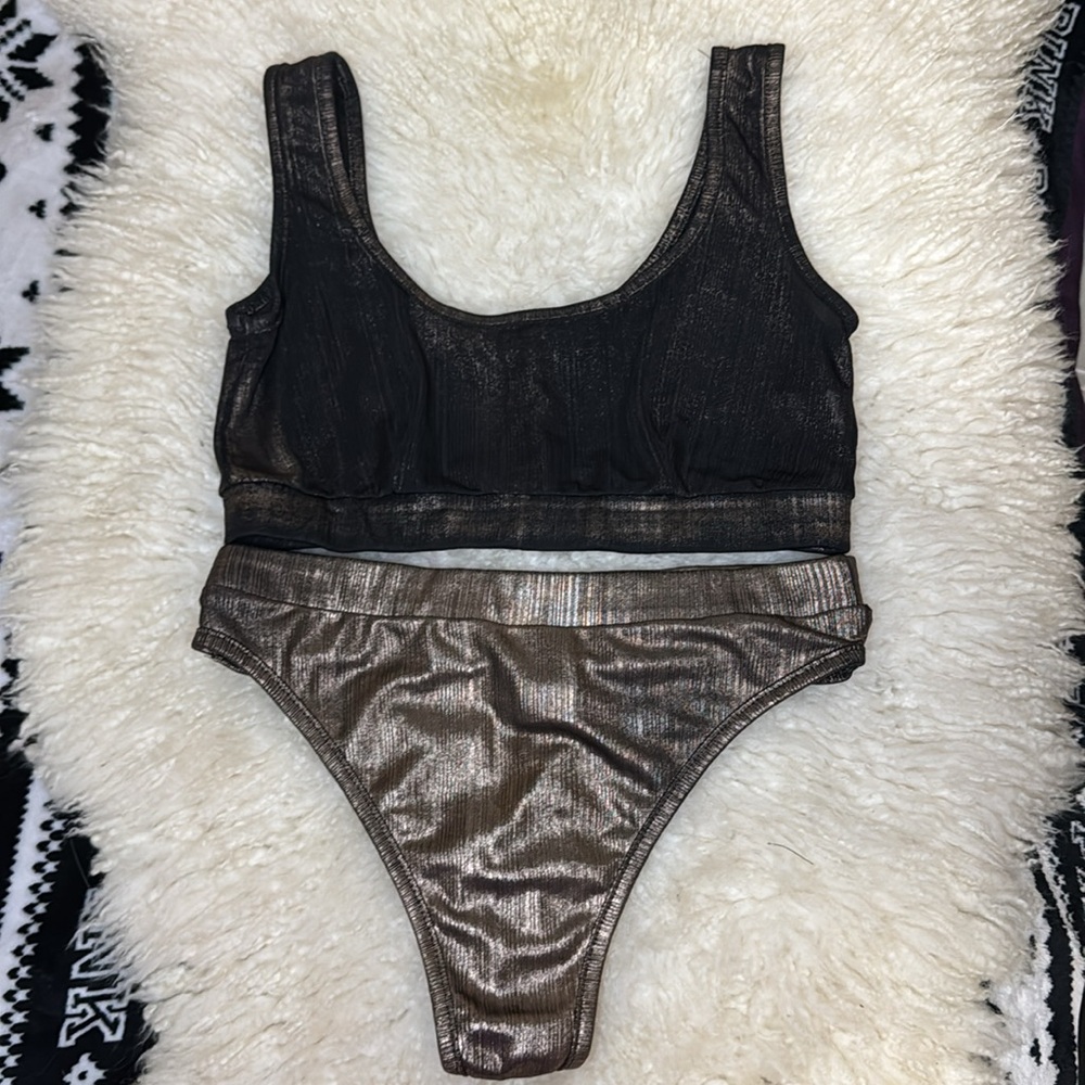 Vintage 80s Metallic Copper Thong Bikini Swimsuit Small
